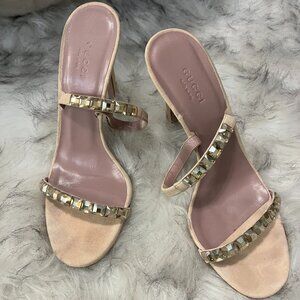 Pale pink crystal embellished slingback Gucci sandals.